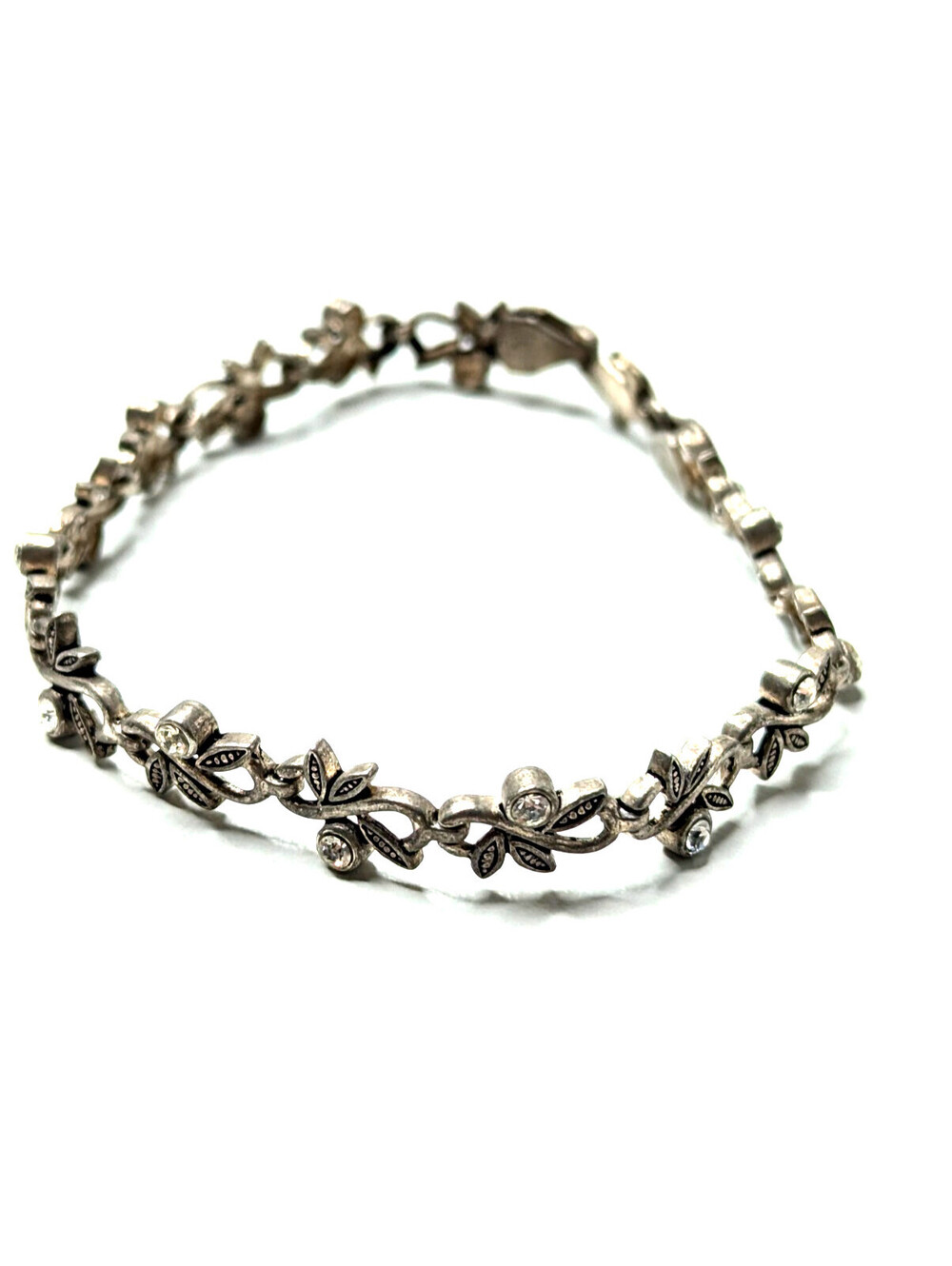 Sterling Silver 925 Vintage Leaf Vine Bracelet Clear Crystal Box Clasp 19.2cm